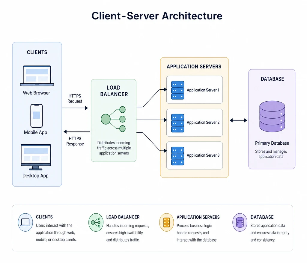 Client-server architecture illustration: web, mobile, and desktop clients send HTTPS requests through a load balancer to three application servers, which read and write a primary database.